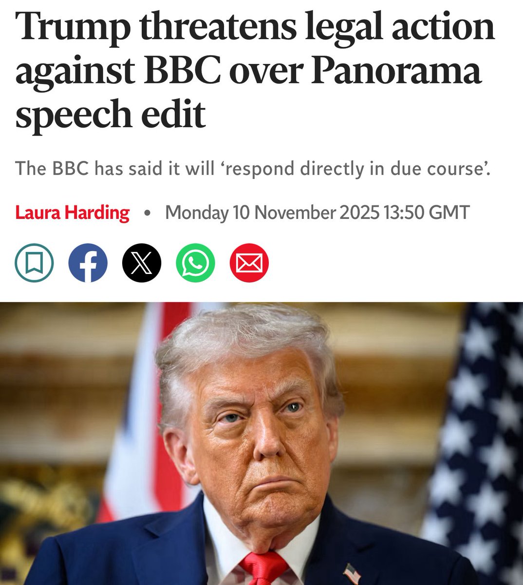 Artemisfornow's tweet image. Ahh… well I’m not surprised.

President Trump has sent a letter to the BBC threatening legal action.

And frankly I don’t blame him and neither will millions of others in the UK.