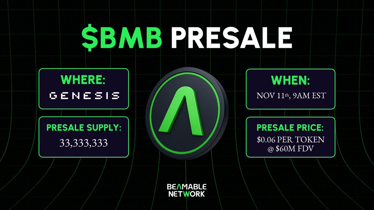 THE DETAILS Date: November 11th Time: 9AM EST Presale Supply: 33,333,333  $BMB Presale Price: $0.06 per token at $60M FDV Where to go:  https://t.co/OAP7igFzdt Purchases MUST BE MADE IN $SOL, so make