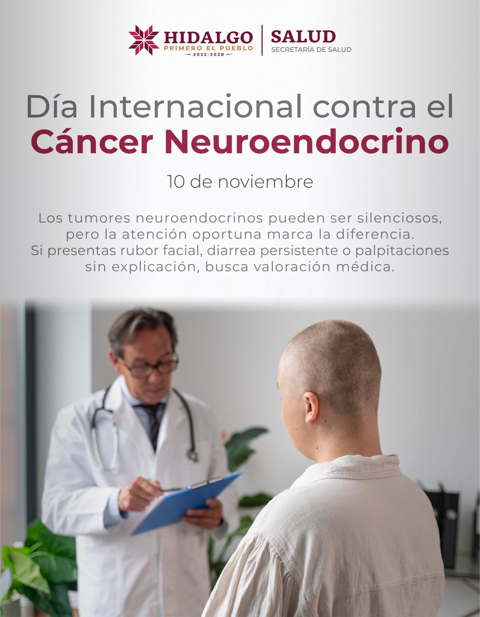 Salud_Hidalgo's tweet image. 🗓️ 10 de noviembre | Día Internacional contra el Cáncer Neuroendocrino 🎗️

Es un tipo de cáncer que nace en células que producen hormonas. Puede causar flushing, diarrea crónica, dolor abdominal y latidos acelerados sin explicación.

#PrimeroTuSalud #PrimeroElPueblo