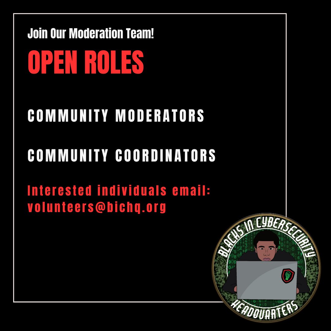 BlackInCyberCo1's tweet image. 🏠 We’re looking for dedicated Community Moderators!

If you love connecting with others, supporting members, and shaping online culture — this team is for you! Apply today!

#BICVillage #BlacksInCyber #CyberCommunity #LitLikeBIC