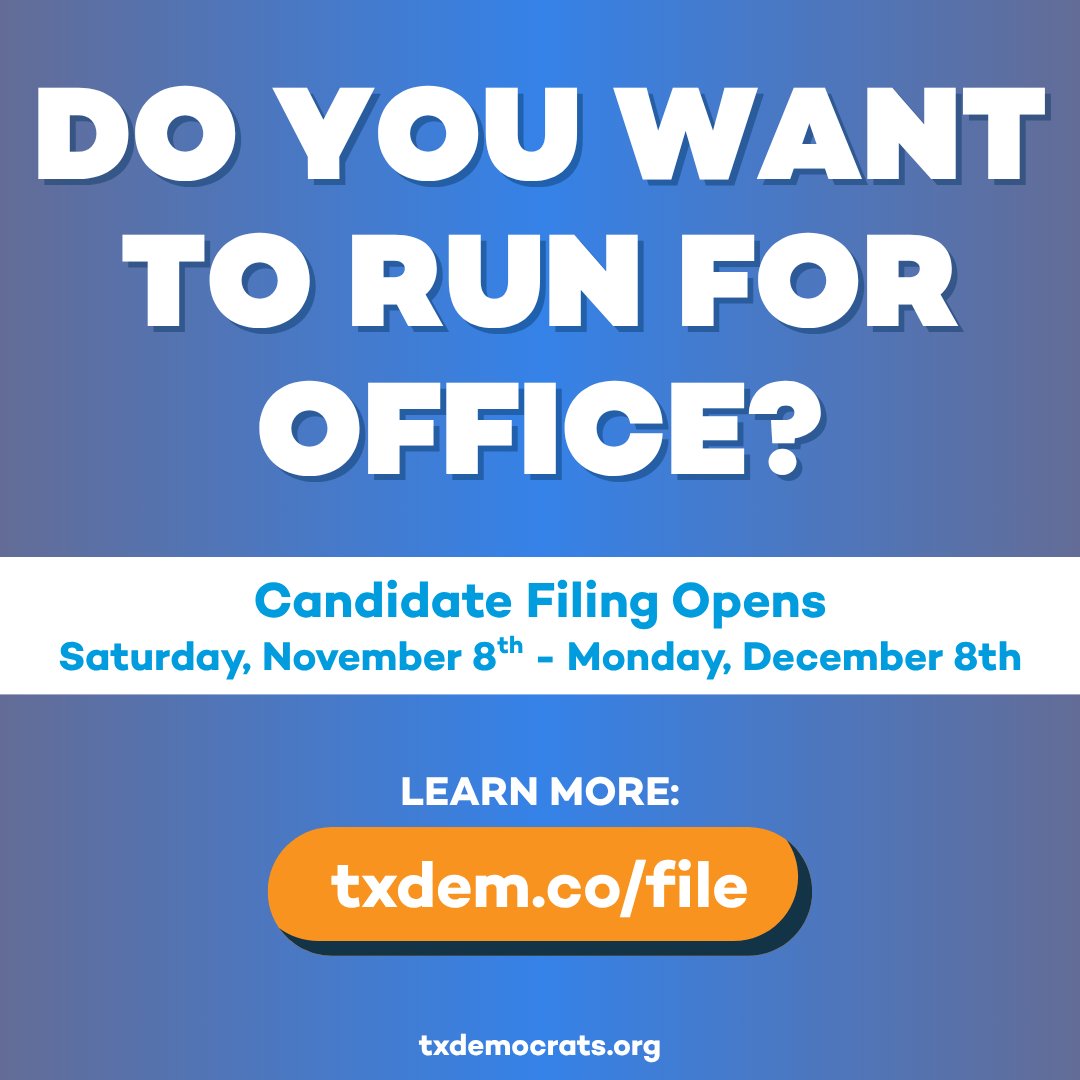 DO YOU? The Candidate Filing Period for the 2026 Democratic Primary has now opened! BECOME the blue wave and help Democrats take back Texas!

For more information: txdem.co/file

#RunForOffice #Texas #TXDems #TexasDemocrats