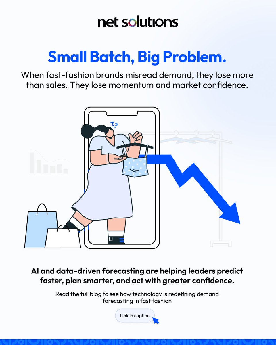 netsolutions's tweet image. In fast fashion, one wrong batch-size decision can cost more than sales, it can cost momentum.

Traditional forecasting struggles to keep pace with rapid, trend-driven demand, leaving brands exposed to costly overproduction or missed opportunities.
AI and data-driven forecasting…
