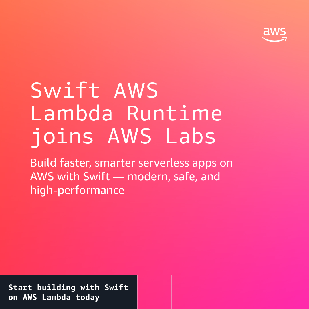 awsdevelopers's tweet image. 🎉 Swift AWS Lambda Runtime is now part of #AWS Labs!

Build high-performance #serverless apps with Swift - delivering 4x faster performance &amp;amp; 90% lower memory usage.

Get started here ➡️ go.aws/4ouBCW9