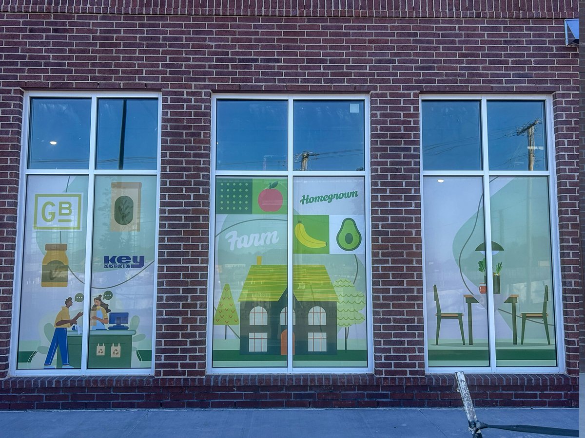 keyconstruction's tweet photo. Custom window designs are up and looking great at the Grocery Box at 36N! ๐ All teams are thrilled to see this vision come to life. Big shoutout to our marketing team for bringing the design to the spotlight! ๐ #KeyConstruction #ConstructionUpdate #Teamwork https://t.co/RLFgLazf6a