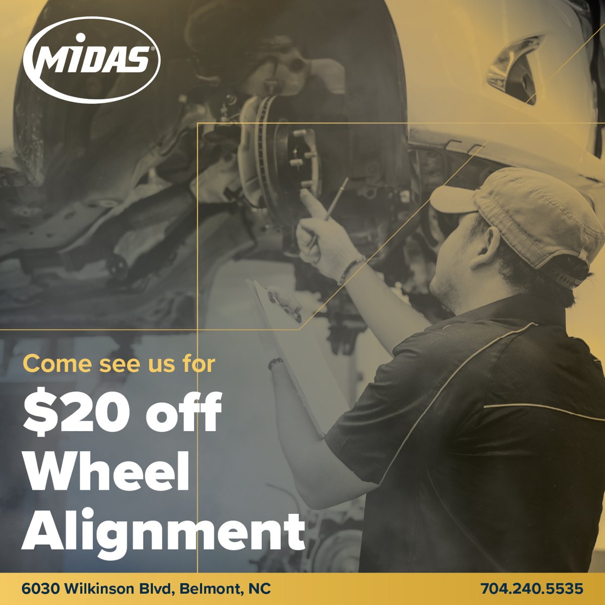 midasbelmontnc's tweet image. Is your car pulling you in the wrong direction? 😵 Correct it and save your tires! Get $20 off a Wheel Alignment at Midas. Expires 11/25/2025. Website: midastireandauto.com/Call: 704.240.5535 #WheelAlignment #AlignmentSpecial #CarHandling #TireWear #Midas #NCDriving