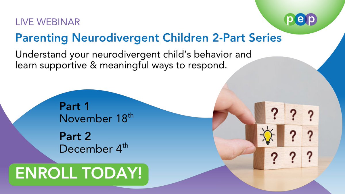 Parenting Neurodivergent Children: A 2-Part Series

Understand your neurodivergent child’s behavior &amp; learn supportive ways to respond.

Part 1: Understanding Behavior
November 18th | 8–9 PM ET

Part 2: Responding to Behavior
December 4th | 8–9 PM ET

pepparentonline.org/p/parenting-ne…