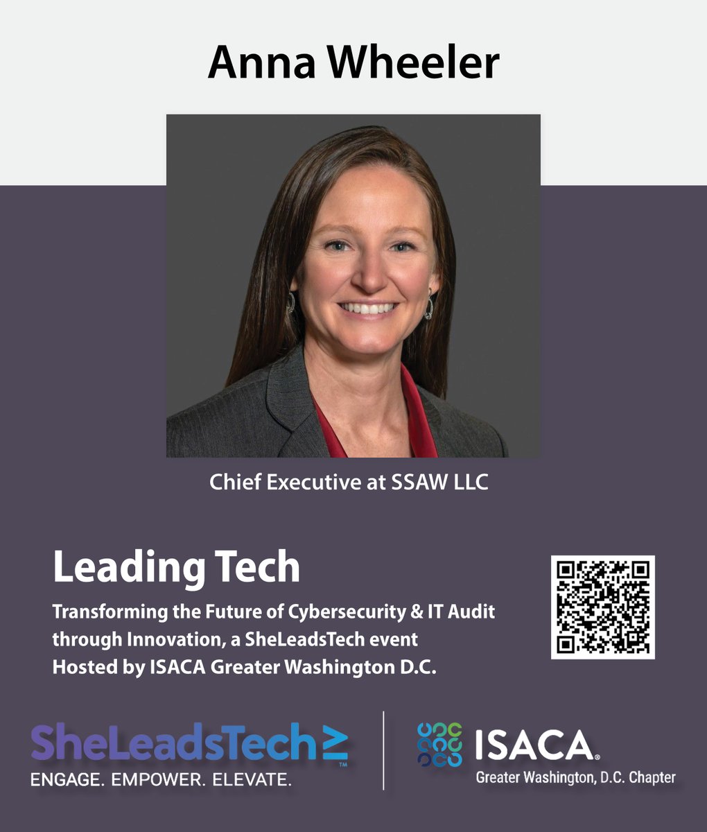ISACA_GWDC's tweet image. 🎤 Speaker Spotlight: Anna Wheeler
Join us Nov 13 at GMU Arlington for #SheLeadsTech by #ISACAGWDC

 Anna, Chief Executive at SSAW LLC, shows how innovation and mission-driven leadership strengthen cybersecurity.

🔗 isaca-gwdc.org/event/leading-…