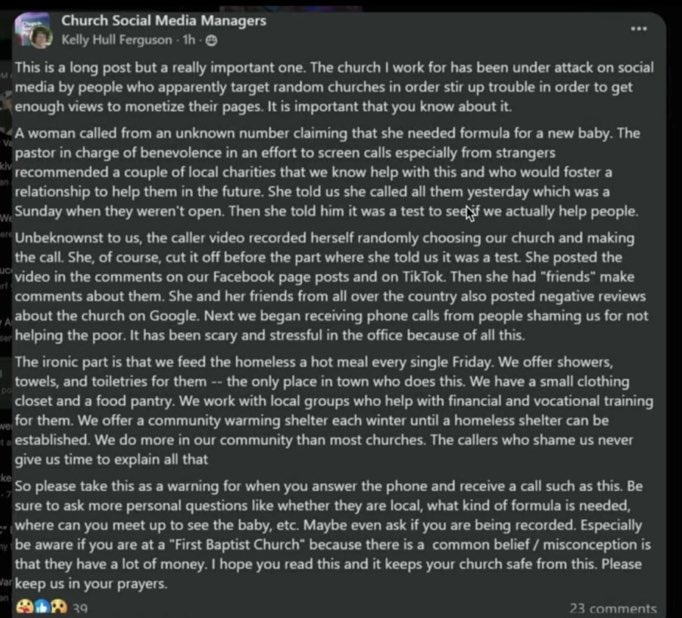 zwhitchcox's tweet image. She basically called a church that regularly feeds the homeless on Friday on a Monday. They directed her to a local food bank that could provide her with formula.

Aha! Got ya! You didn&apos;t immediately satisfy my need yourself and instead directed me to a reasonable alternative!