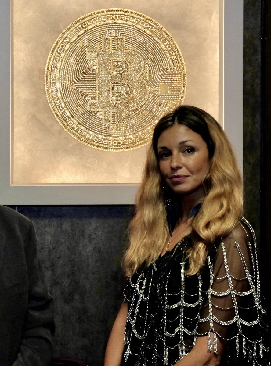 SequinKay's tweet photo. Swarovski Crystal #Bitcoin #artwork by @SequinKay 
Illuminated by Andy Stone (luminesco) 
Showcasing in @BitcoinConfEUR this week ! 
This artwork is now on live auction🌈DM for more information 

Hand leafed with 24 Karat Gold leaf 🍁 https://t.co/yZHIZwQLCq