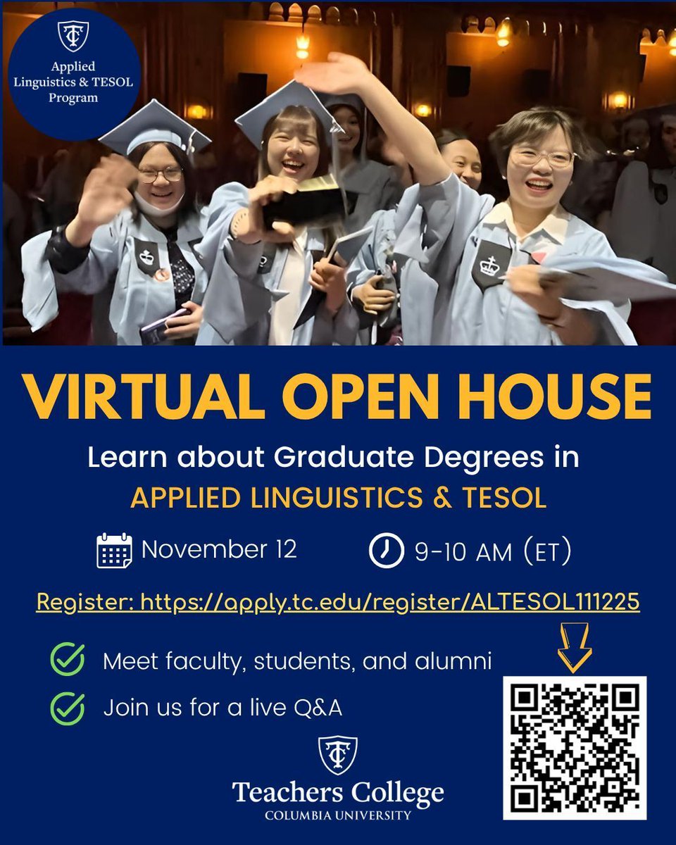 Thinking about a career in language education? Join us this Wednesday for our Virtual Open House! Register here: apply.tc.edu/register/ALTES… 
Learn about our on-campus MA &amp; Doctoral programs in #TESOL and Applied Linguistics
<a href="/TeachersCollege/">Teachers College, Columbia University</a> #GradSchool