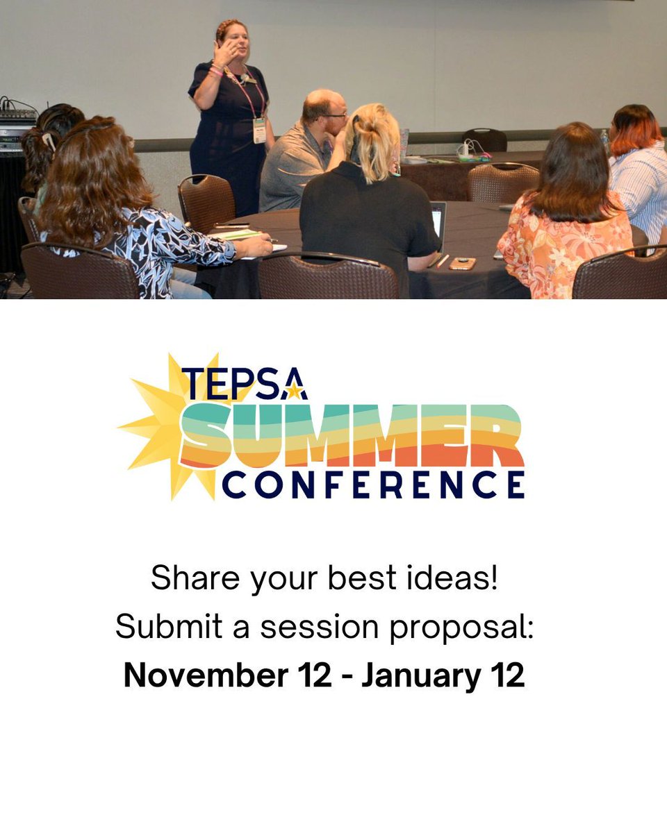 Get those POs ready! TEPSA members, registration for the 2026 TEPSA Summer Conference opens January 14 at 8:30am. Here are 3 important dates! 🌞 💡🎉
 
🗓️ November 12 – January 12: Session proposals accepted.
🗓️ January 14 at 8:30am: Conference registration opens for members.