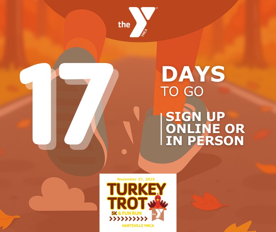 Only 17 days to go until the Hartsville YMCA Turkey Trot 5K &amp; Fun Run! 🦃 Lace up, bring your friends, and start your Thanksgiving morning the fun way. Sign up online or stop by the Y to register — don’t wait, race day will be here before you know it!
#TurkeyTrot #HartsvilleYMCA