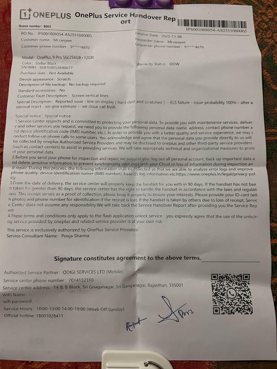 Ranjeet27416177's tweet image. @OnePlus_IN @OnePlus_Support
My OnePlus 9 Pro 5G got green lines (ELS failure confirmed by service center).
They rejected due to a small dent, but this is a known AMOLED defect.
Please help with goodwill display replacement 🙏
RO: IPS001008054-AS2511080005
#OnePlusGreenLine