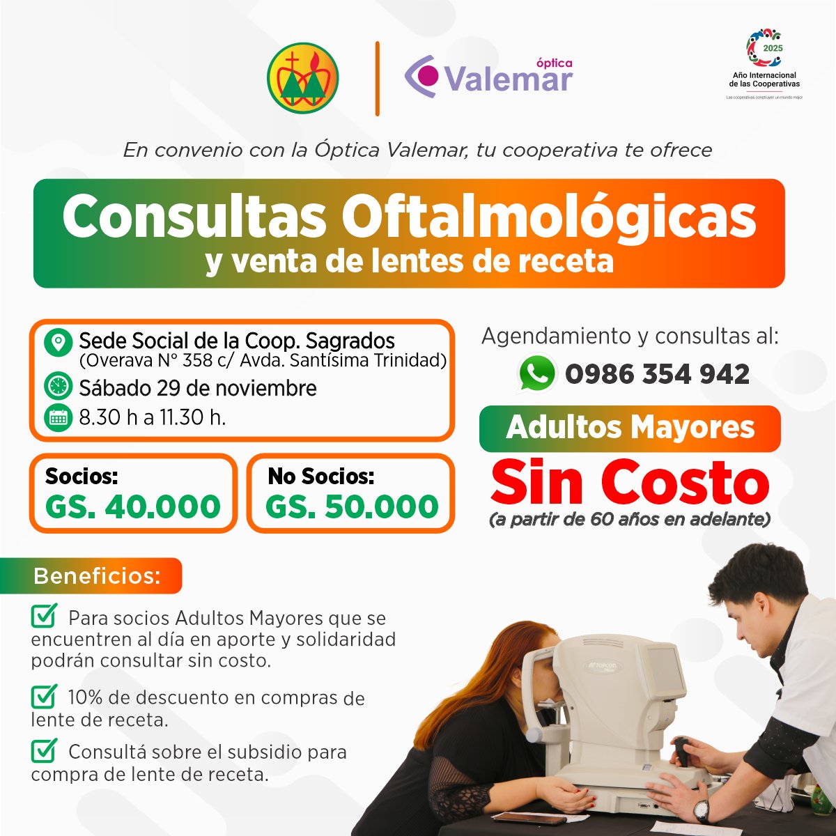 coopssccPy's tweet image. 👁️‍🗨️ ¡Cuidá tu vista!
Este sábado 29 de noviembre te esperamos para las consultas oftalmológicas abiertas al público en general.

👵👴 Socios adultos mayores (60 años en adelante): ¡consulta SIN COSTO!
📍 Cupos limitados
📞 Agendá tu turno al 0986 354 942