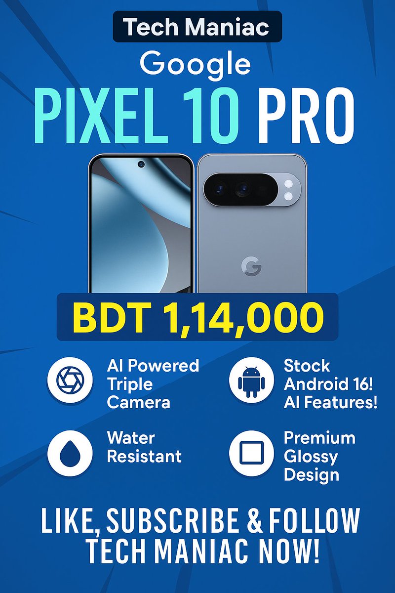 TechManiac2138's tweet photo. Google Pixel 10 Pro Review – Premium AI Beast at ৳1,14,000 BDT! 🤖📱
Welcome to Tech Maniac! 😎 আজকে আমরা দেখব Google Pixel 10 Pro, a premium AI-powered flagship priced at ৳1,14,000 BDT 💎।
Watch Full video: https://t.co/vzhqi3rnh3
#tech #technology #smartphones #Review https://t.co/r9Kpj3CqAf