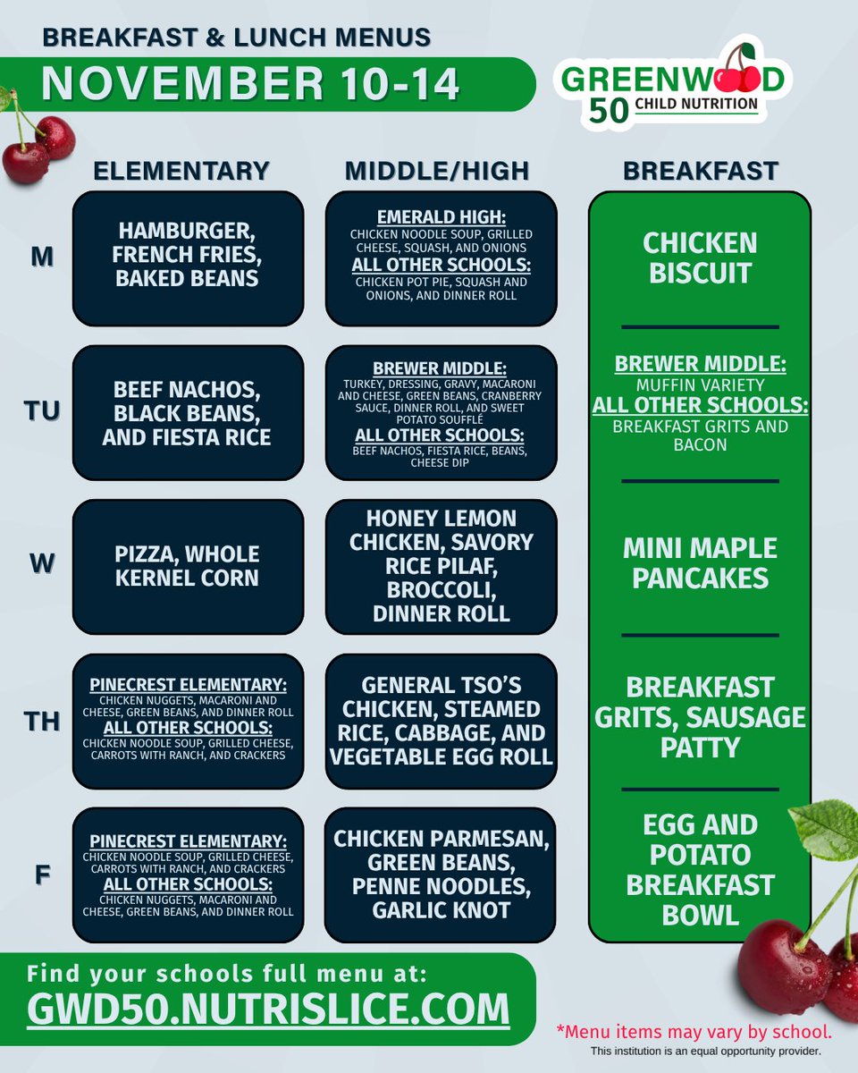 Step into <a href="/Gwd50Schools/">Greenwood 50 Schools</a> cafeterias and step into a world of flavor, community, and culinary delight.

Please see our complete menu on our website: gwd50.nutrislice.com

*Menus are subject to change due to food availability.

Thank you for your patience and understanding!