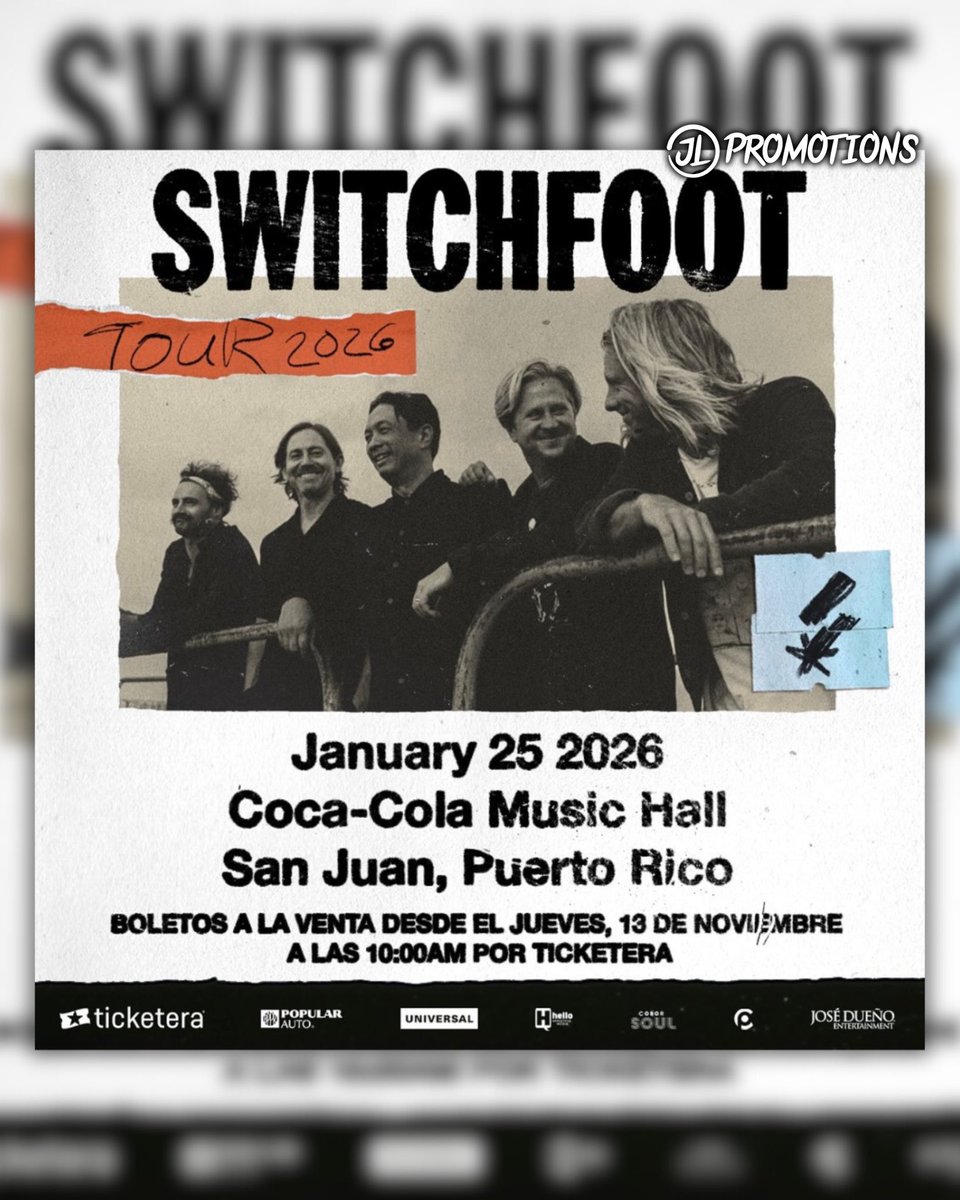 JLPromotionspr's tweet image. La Banda de Rock estadounidense, @switchfoot llega este próximo 25 de enero al Coca-Cola Music Hall. 🔥

Boletos disponibles desde este jueves, 13 de noviembre a las 10:00am a través de Ticketera.com 🎫
#switchfoot #concert #puertorico #jlpromotionspr