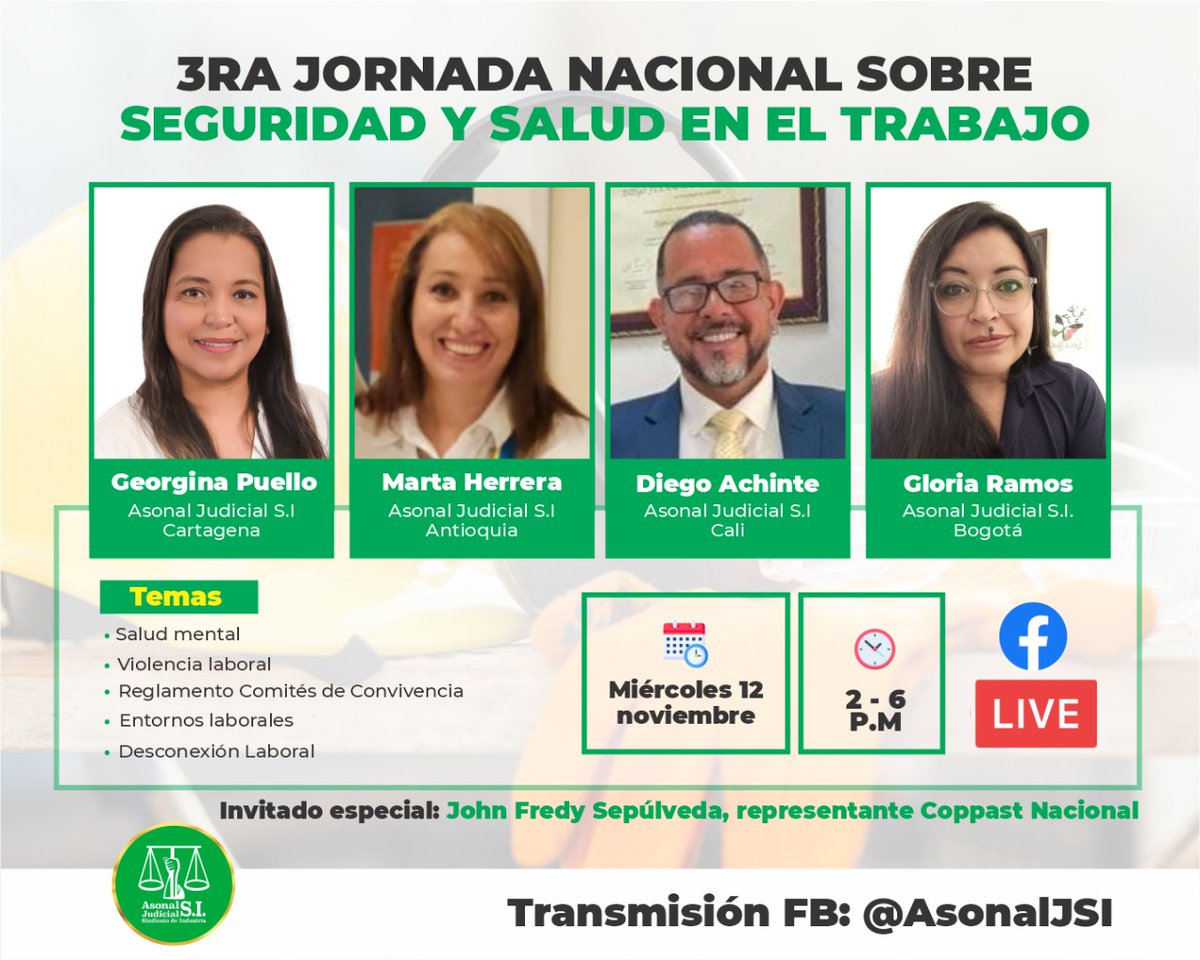 🟢 ¡Te invitamos a la 3ra Jornada Nacional sobre Seguridad y Salud en el Trabajo! ⚖️💼

Un espacio para reflexionar y compartir experiencias sobre bienestar laboral.

📅 Miércoles 12 de noviembre
🕑 2:00 p.m. a 6:00 p.m.
📍 Transmisión en vivo por Facebook: Asonal J S.I.
