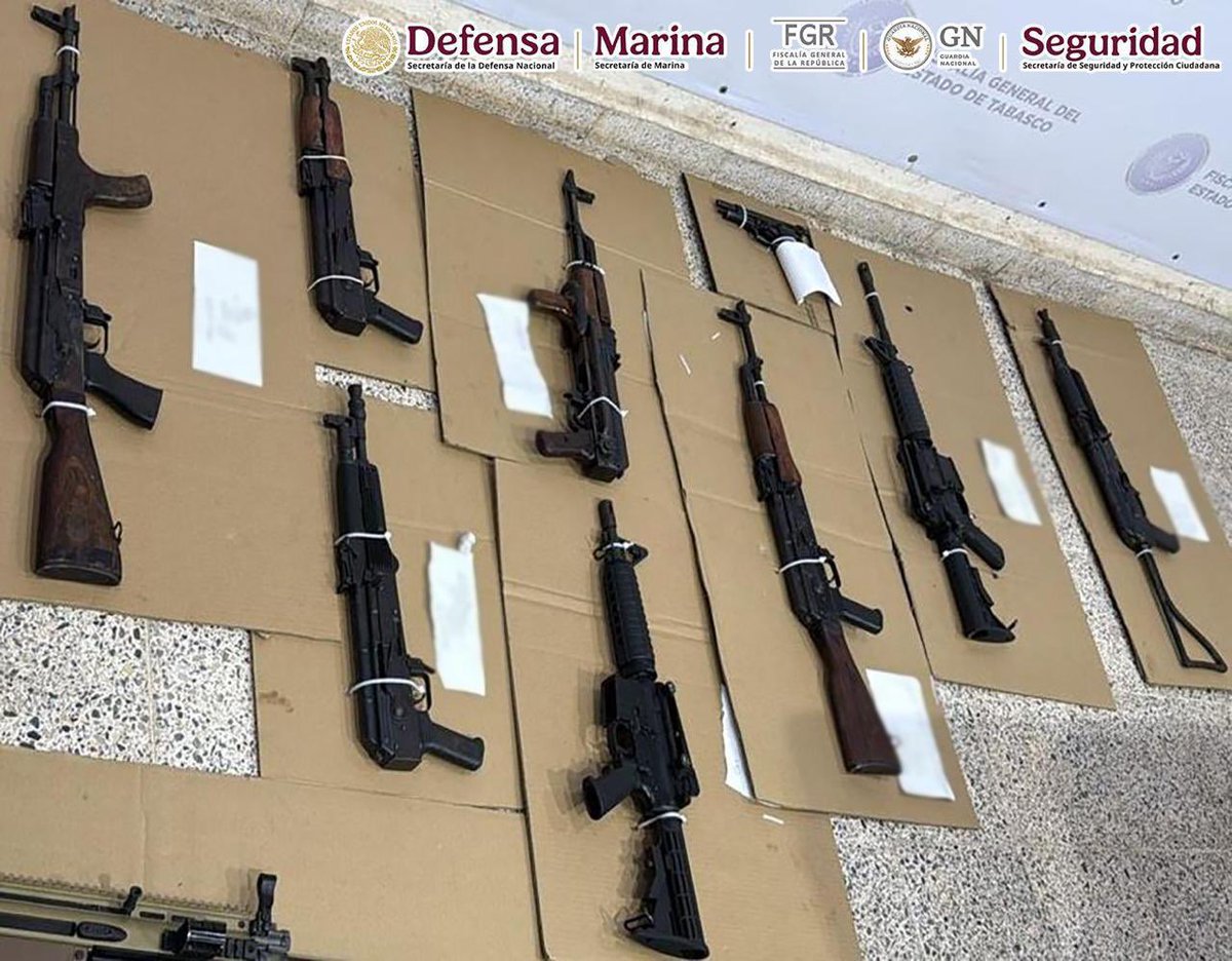 OHarfuch's tweet photo. En un operativo conjunto en Tabasco, autoridades federales y del estado, detuvieron a 20 personas relacionadas con un grupo delictivo, entre ellas Jorge Armando “N”, alias “El Toto”, identificado como líder de esta célula criminal, así como cuatro policías municipales.
Jorge Armando “N” está vinculado con una agresión en Macuspana, donde dos mujeres perdieron la vida y otros hechos delictivos. 
Se aseguraron 17 armas de fuego, vehículos y droga. 
Continuaremos reforzando las acciones coordinadas para detener a los generadores de violencia.
