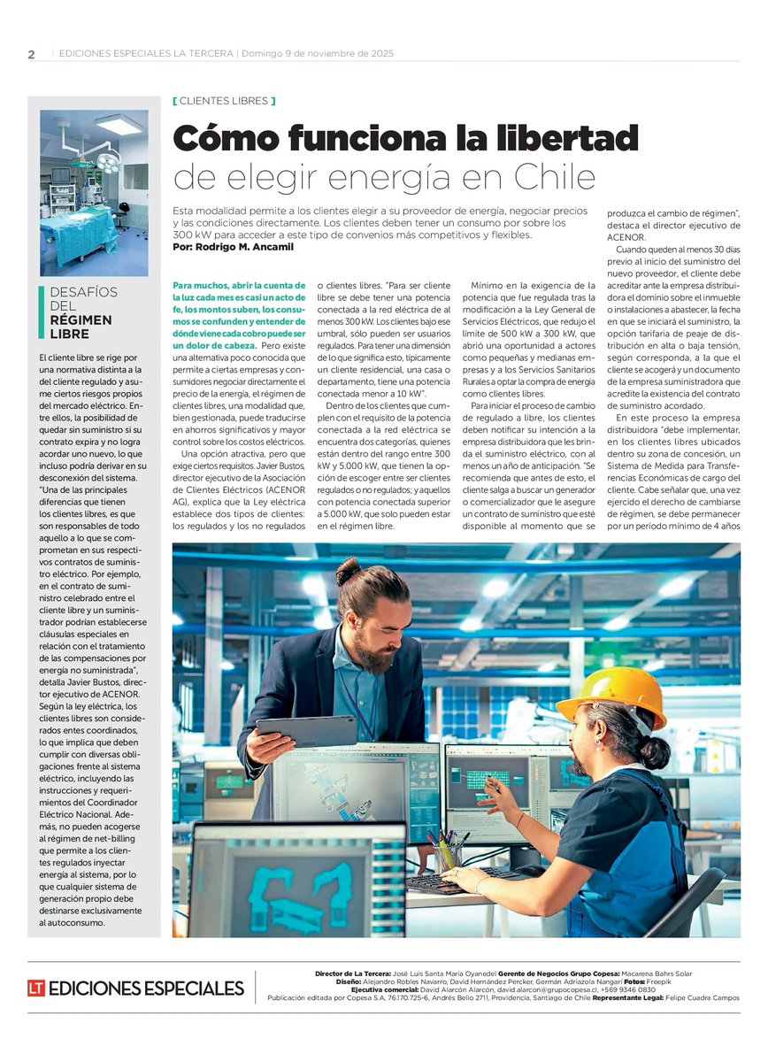 📰 En entrevista con <a href="/latercera/">La Tercera</a>, el director ejecutivo de #ACENOR, Javier Bustos, explicó el funcionamiento del régimen de #ClientesLibres, una alternativa que permite a ciertas empresas negociar directamente las condiciones de su suministro eléctrico. 

▶️lnkd.in/e3UayvBm
