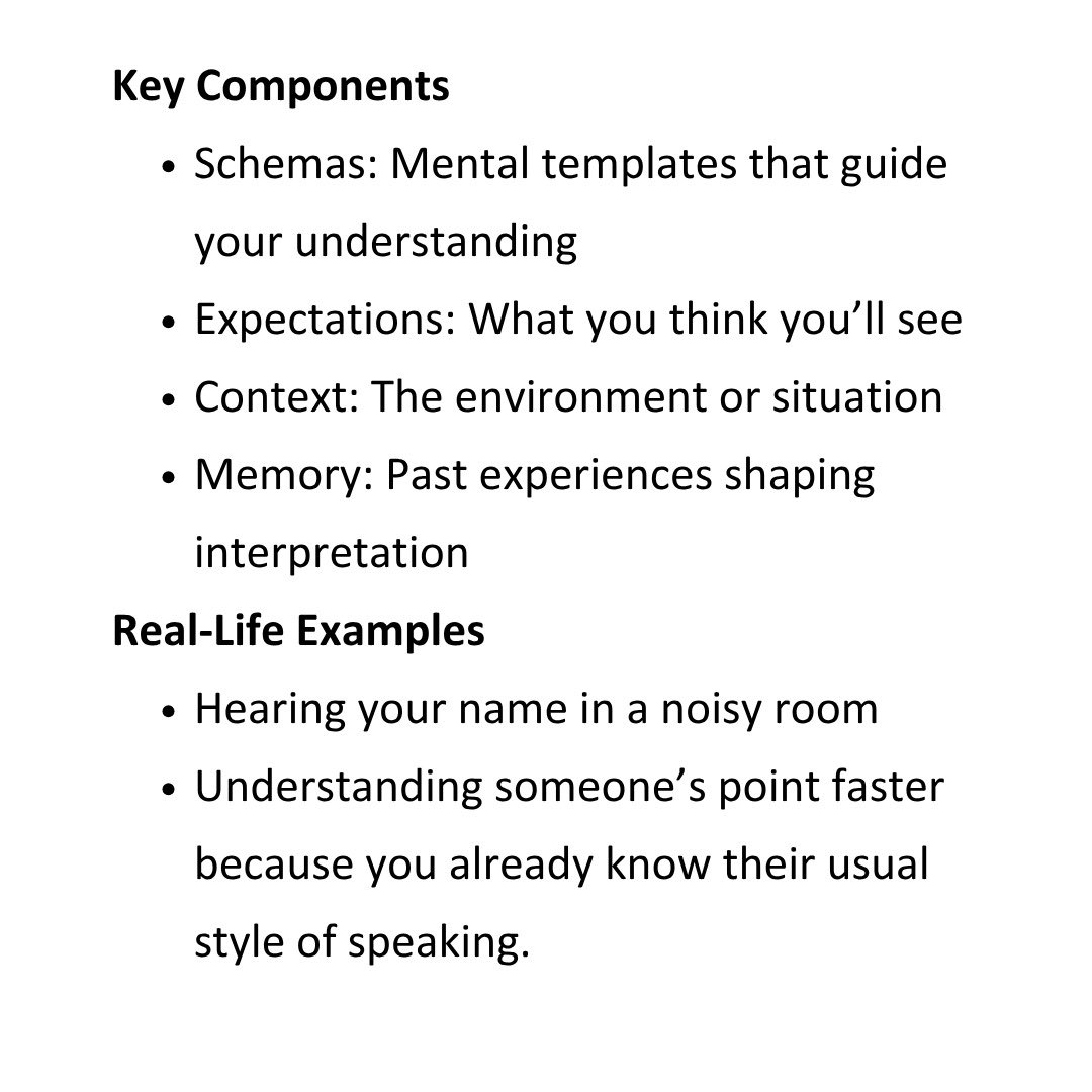 OratorsInfo's tweet image. Top-Down Processing begins with our existing knowledge, experiences, and expectations. This pathway enables us to quickly recognise patterns, make predictions, and fill in gaps even when information is incomplete.

#TopDownProcessing #BottomUpProcessing #CognitivePathways