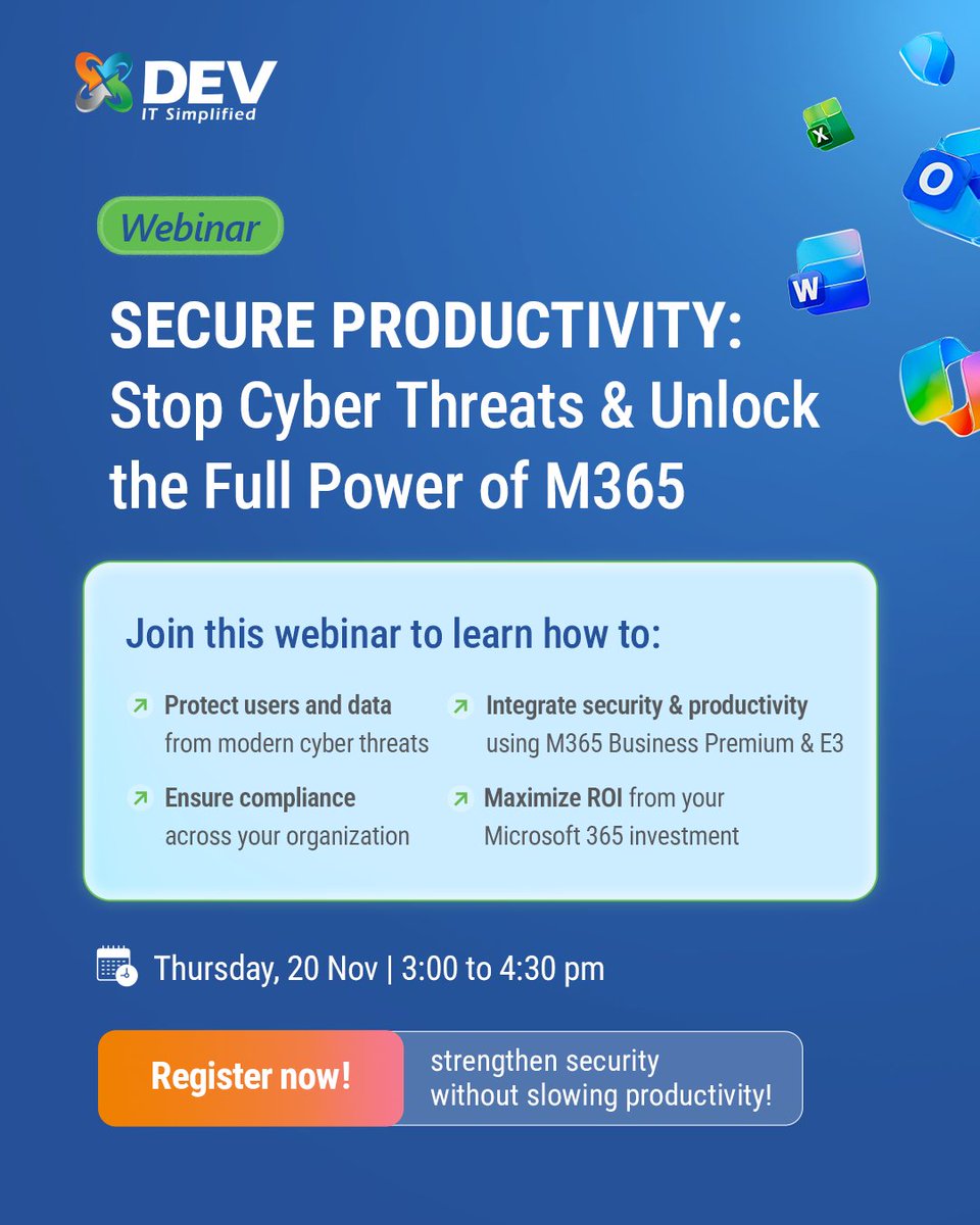 DEVITPL's tweet image. Secure your productivity with M365.
Join our free webinar to learn how to stop cyber threats, ensure compliance, and maximize ROI.
📅 20 Nov | 3–4:30 PM
Register here 👉 shorturl.at/Bo0oB

#DEVIT #CyberSecurity #Microsoft365 #FREEWebinar
