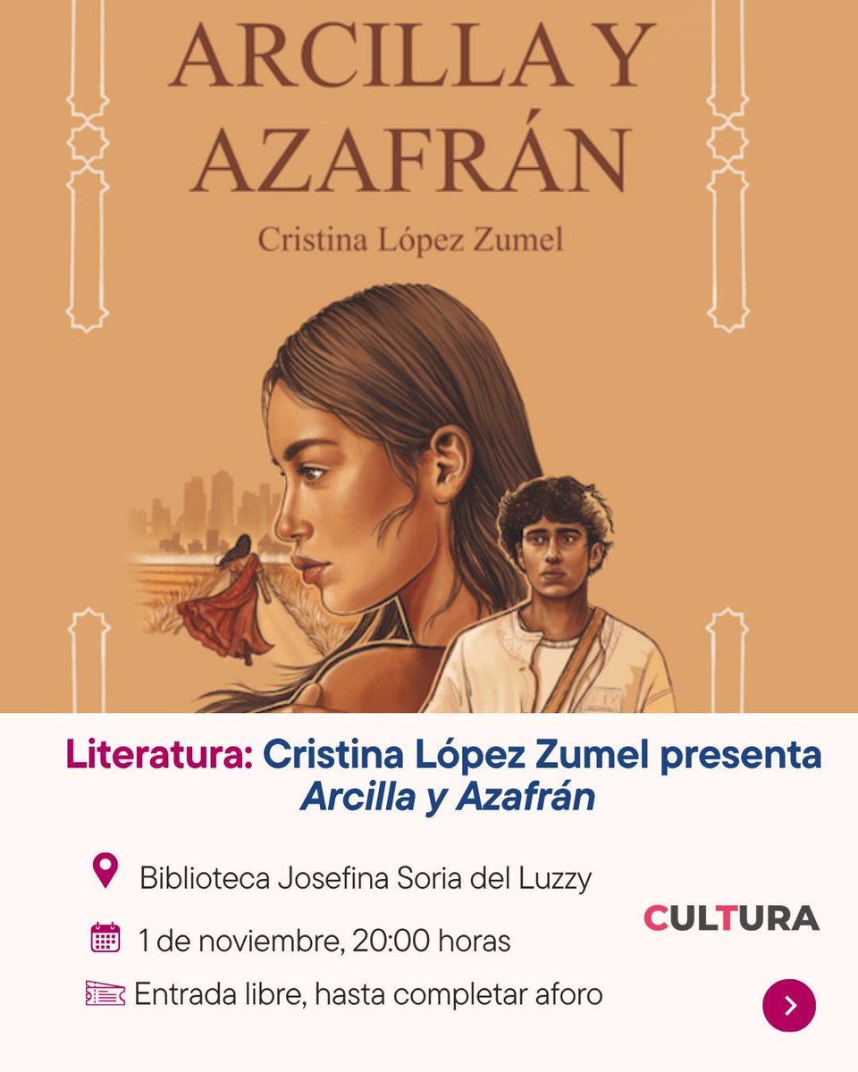 📚 Cristina López Zumel presenta este martes su obra 'Arcilla y azafrán' en #Cartagena.

🗣️La escritora cartagenera compartirá con los lectores algunos detalles de su novela.

📆 11 de noviembre
⏰ 20:00 horas
📍 Biblioteca Josefina Soria

🌐 Más en cartagena.es/detalle_notici…