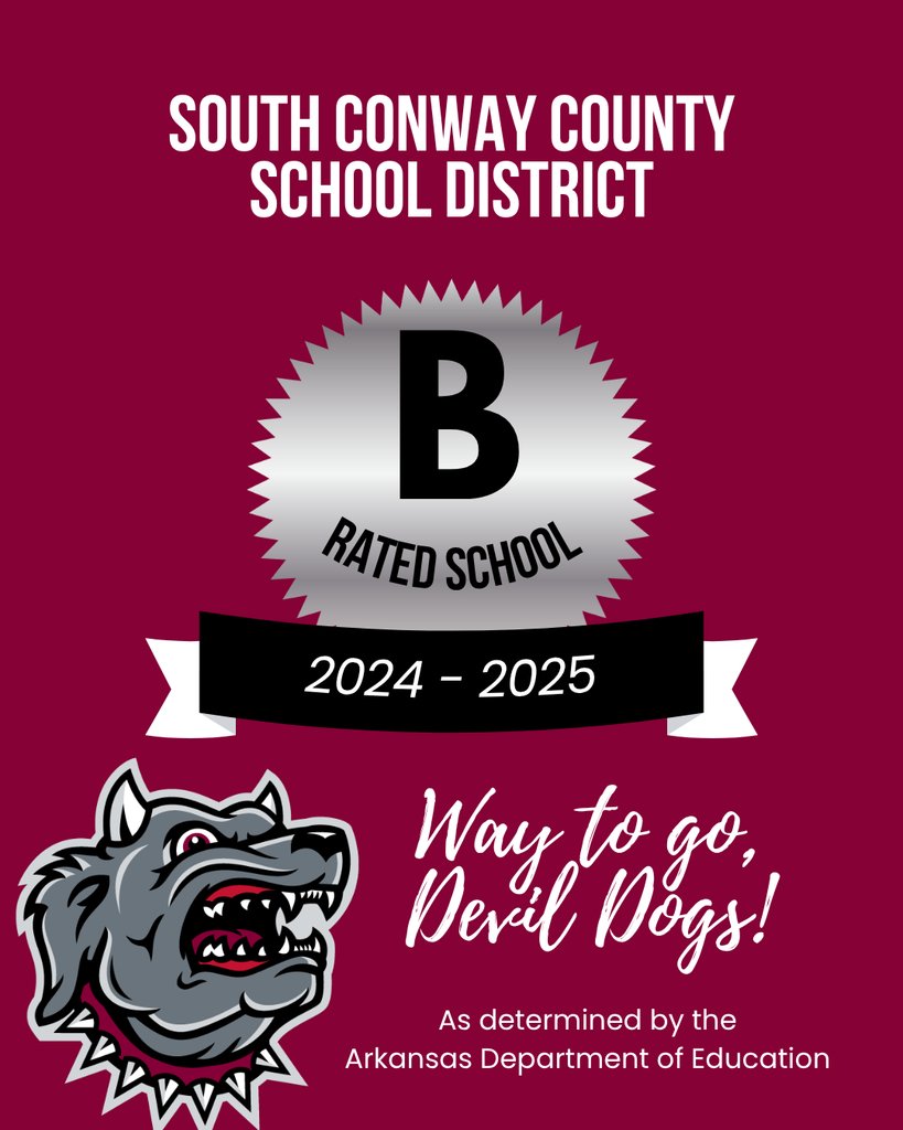 The South Conway County School District earned a “B” rating from the Arkansas Department of Education!

Out of 254 districts, only 98 achieved this level of excellence. 👏
Proud of our students, staff &amp; community for making SCCSD shine!

#ProudToBeADevilDog #LoveServeCare4People