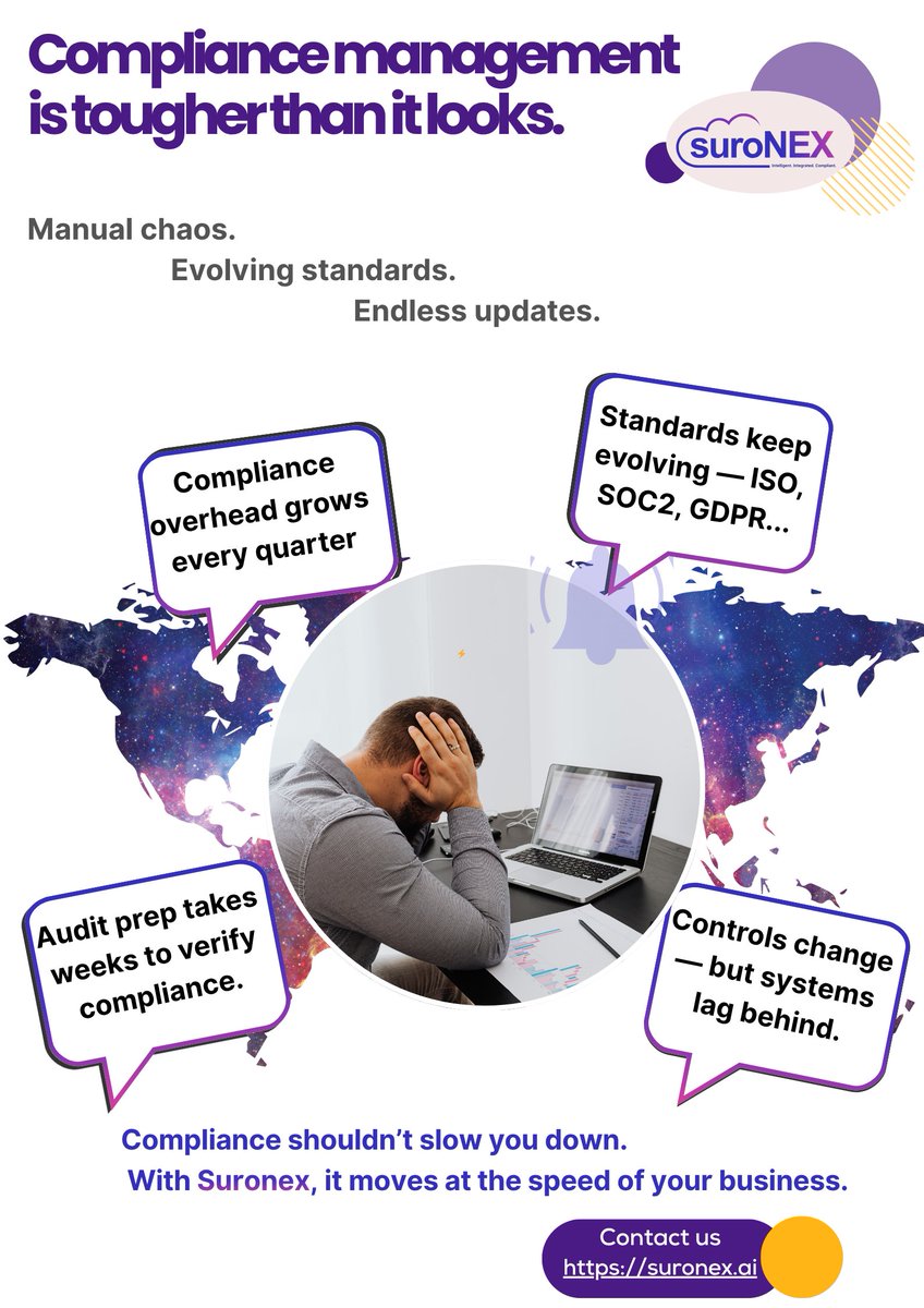 suronex's tweet photo. Real-time compliance, simplified 

@suronex  keeps you ahead of ISO, SOC2, GDPR &amp; cloud security updates — automatically mapping and updating controls so you stay compliant, and fast.

Compliance shouldn’t slow you down- with @suronex , it moves at your speed.

#RegTech #Suronex https://t.co/QumcinmPPd