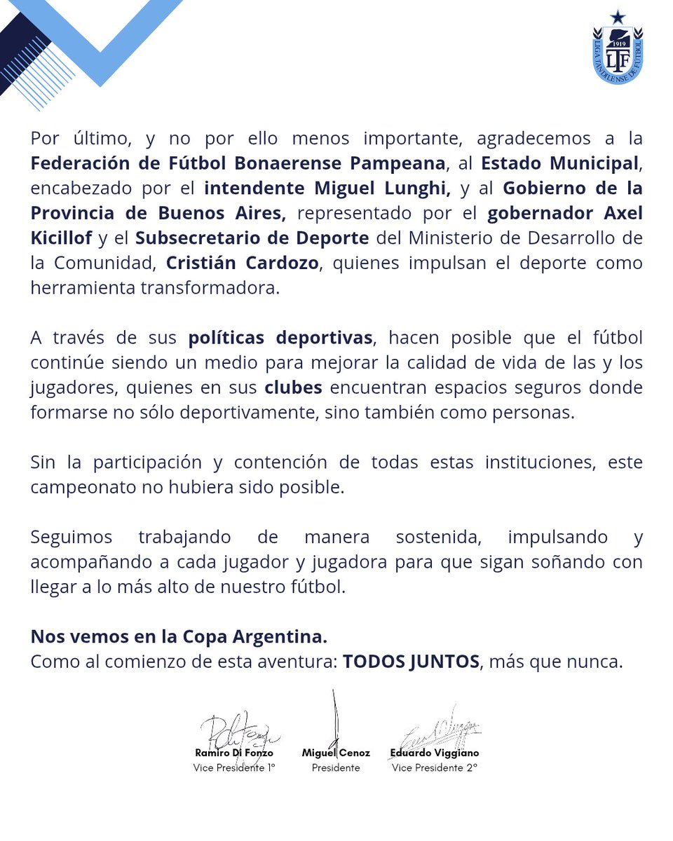 Mensaje institucional de la Comisión Directiva de la <a href="/LigaTandilense/">LIGA TANDILENSE DE FUTBOL</a> tras la obtención de la 1ra Edición de la Copa País 2025 y la plaza a la  Copa Argentina 2026.

<a href="/tapiachiqui/">Chiqui Tapia</a>
<a href="/TovigginoPablo/">Pablo Toviggino</a> 
<a href="/Rami8919/">Ramiro Di Fonzo</a>