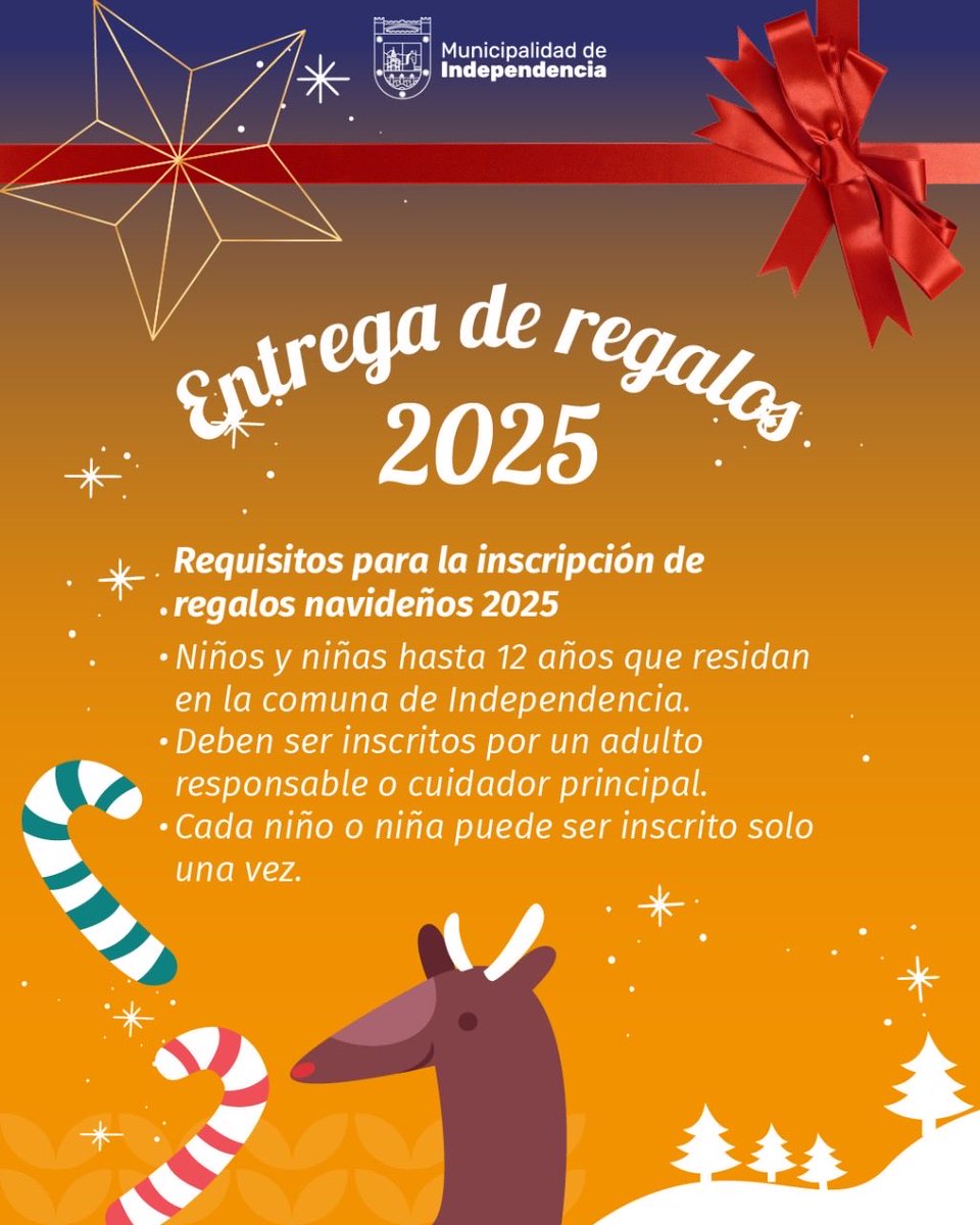 Comienzan las inscripciones para la Entrega de regalos 2025 🎁

Puedes inscribir a los niños y niñas que viven en tu domicilio entre el 9 y el 30 de noviembre en nuestro sitio web.

Toda la información y los formularios están disponibles en:
🔗 independencia.cl/noticias/el-vi…