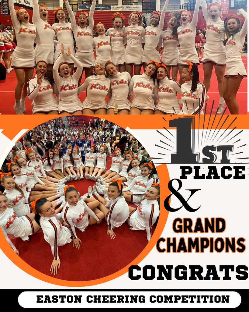 Congratulations to our Varsity Cheerleaders who won 1st Place and were named Grand Champions  at the Easton Cheering  Competition.    Go KIDS!!!
