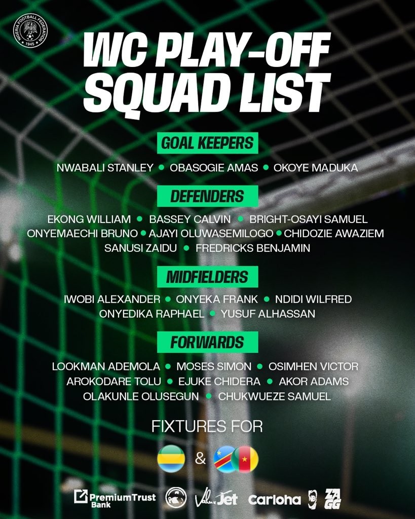 tiberiascaesar's tweet photo. OFFICIAL: Nigeria's November squad: Osimhen, Lookman, and Chukwueze included

2 days ago / AFerhGLp7683

The Super Eagles announce their World Cup Play-Off squad list https://t.co/eggcN5T3fV