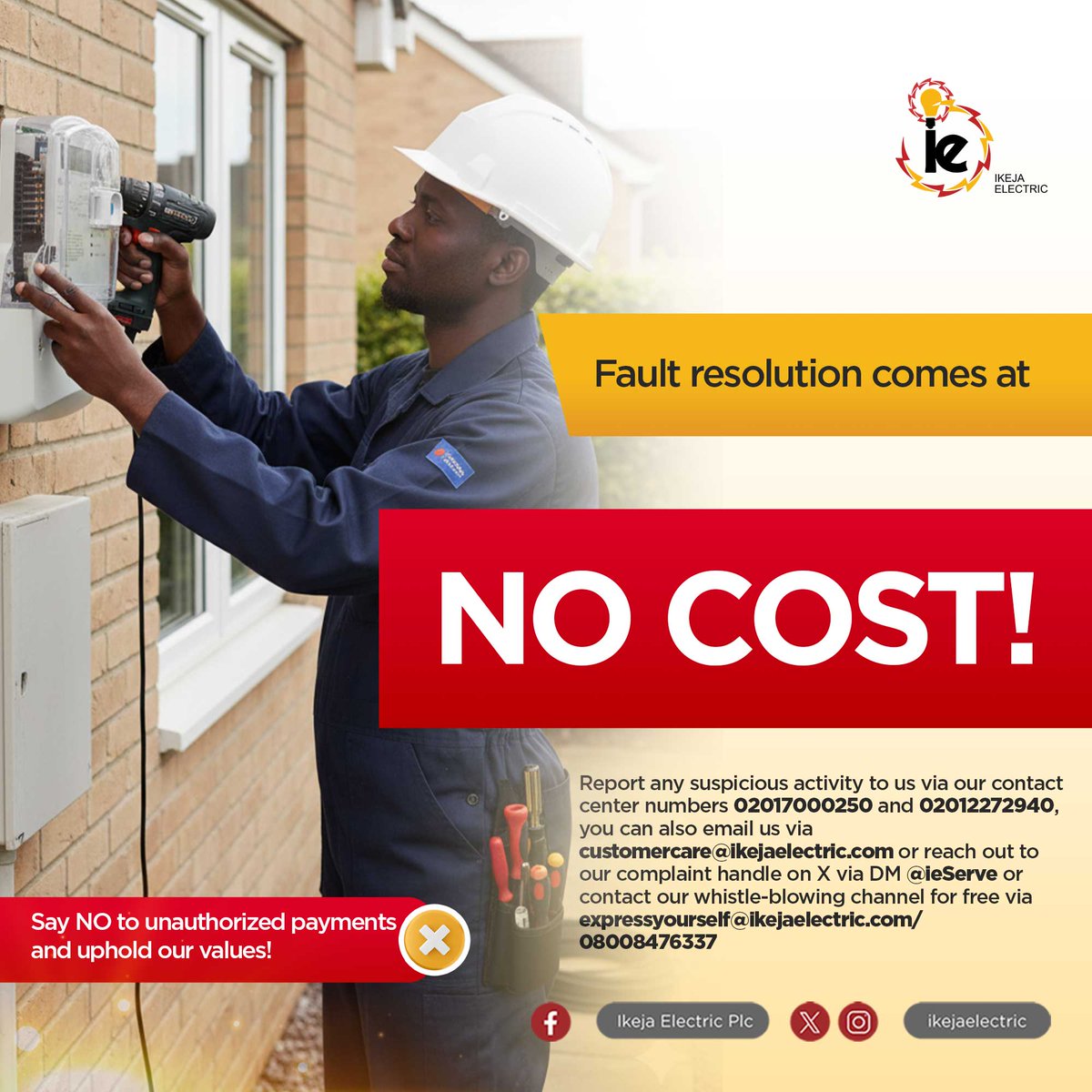 IkejaElectric's tweet image. Fault resolution comes at absolutely NO COST!

Don’t fall victim to unauthorized payments or middlemen demanding cash for services we provide for free.

Always make payments through our official channels only and report any suspicious activity immediately.…