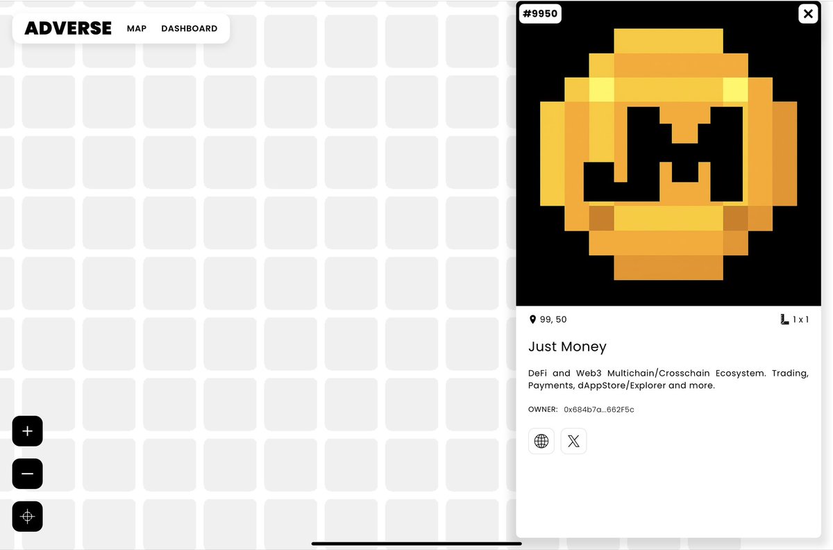 AdverseApp's tweet image. @AdverseApp x @JustMoneyIO 

Exciting news! Just Money has officially acquired tile #9950 on the ADVERSE map!👀

@JustMoneyIO is a DeFi and Web3 multichain/crosschain ecosystem focused on trading, payments, and dApp solutions. Their tile will soon be live on their website, where…