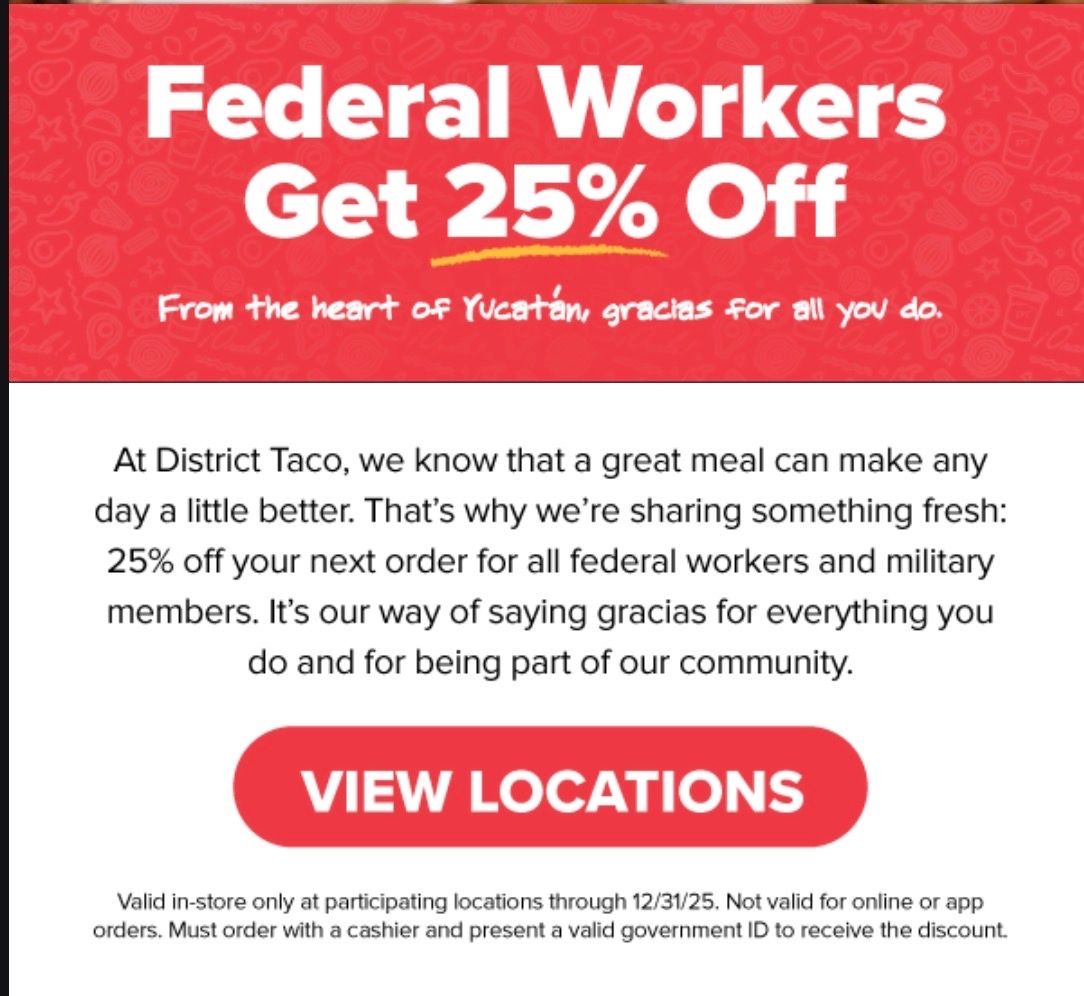 District Taco giving Feds and members of military 25% off rest of year