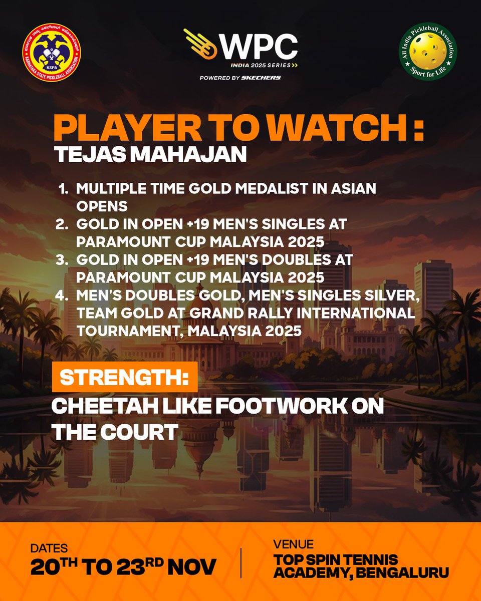 10 Days to Go! ⏳🔥
The countdown is on for the WPC Series India – Bangalore 2025, powered by Skechers! 🇮🇳🏓

Today’s Player Spotlight features Tejas Mahajan — one of India’s most promising pickleball athletes. 🌟