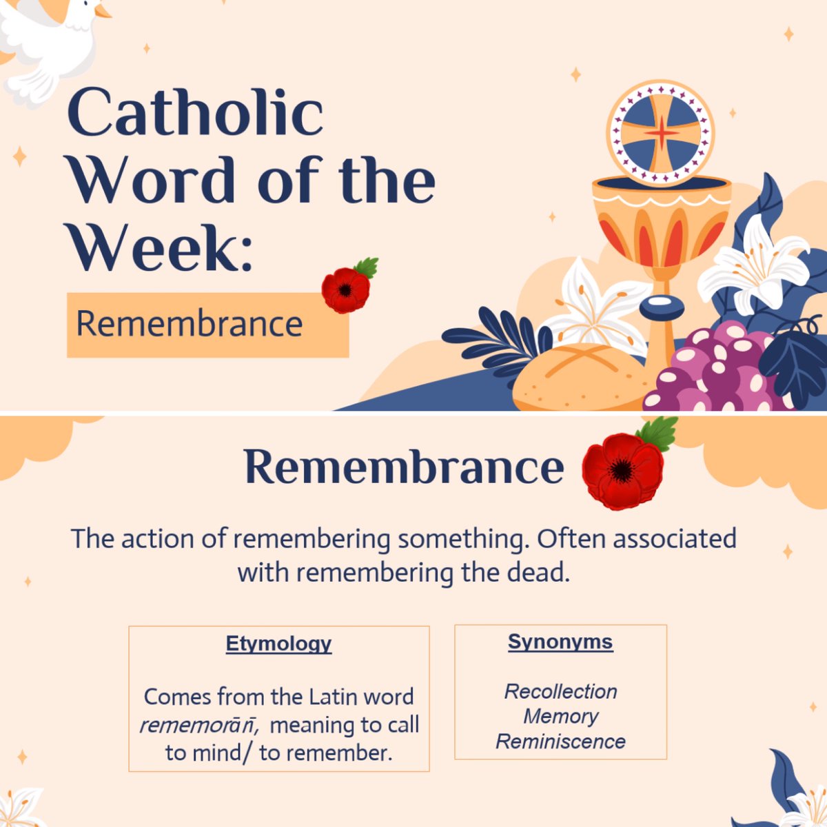 HolyTrinityCol's tweet image. This week’s Catholic Word of the Week: Remembrance 🕯️
“Greater love has no one than this: to lay down one’s life for one’s friends.” -John 15:13 
As we mark Remembrance Day, we honor those who gave their lives and recall our call to live with Christ-like sacrifice. ✝️