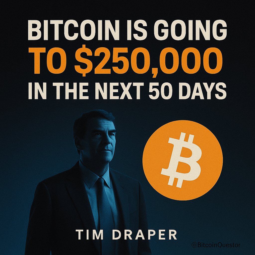 BitcoinQuestor's tweet image. “Bitcoin is going to $250,000 in the next 50 days.”  - Tim Draper

#Bitcoin #BTC #TimDraper #BitcoinPrediction  #Bullish #HODL #BitcoinCommunity