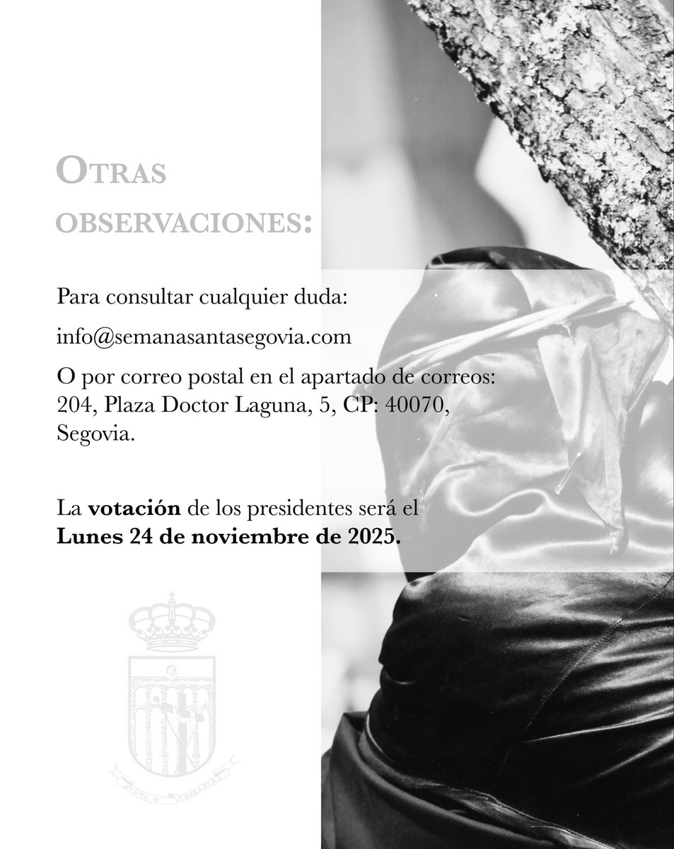SSantaSegovia's tweet photo. ¿Te gustaría presentar una candidatura? Entra en https://t.co/ux7hNHbUvT donde encontrarás toda la información.

Para cualquier consulta, puede escribirnos a:

💻: info@semanasantasegovia.com 
📨: Apartado de correos 204, Plaza del Doctor Laguna, 5, CP:40070, Segovia. https://t.co/6gywoD7tag