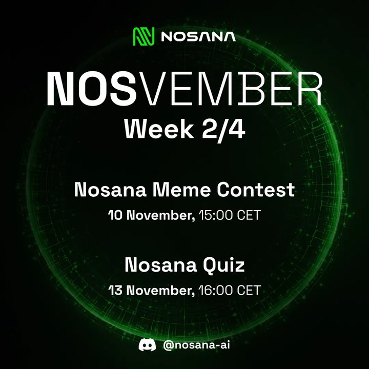 It’s NOSvember 🎉

We’re giving away a €100 prize pool in NOS to 5 winners for the best memes👀

HOW TO ENTER:
 • Follow <a href="/nosana_ai/">Nosana</a>
 • Post your meme on X with #nosvember + #memecontest and tag <a href="/nosana_ai/">Nosana</a>
 • Join our Discord → discord.gg/nosana-ai
 • Drop it in