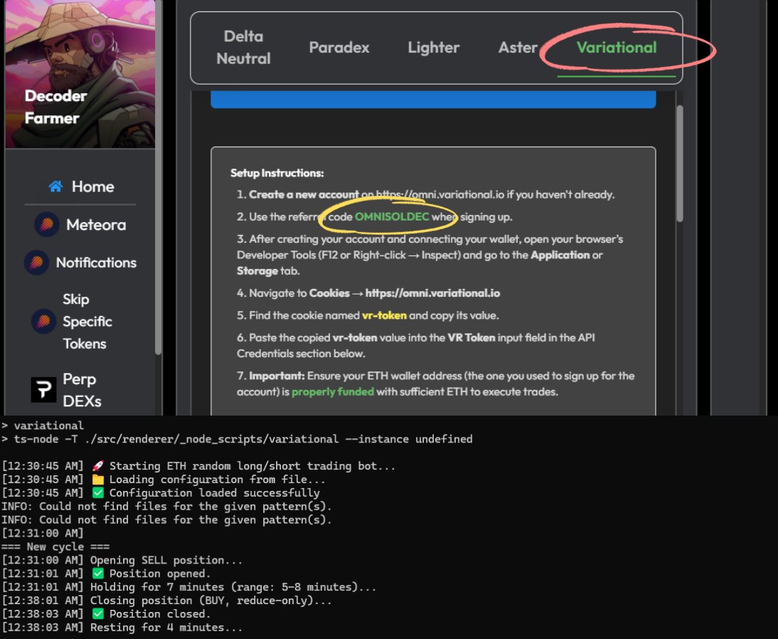 SOL_Decoder's tweet image. You asked, we are delivering! 😇 

@variational_io farmer 
Coming  🔜 

And while we work on some final touches before launching it.....

you can prepare yourself by signing up on Variational using our code &quot;OMNISOLDEC&quot; and purchasing a subscription or buying 3 NFTs so you can…