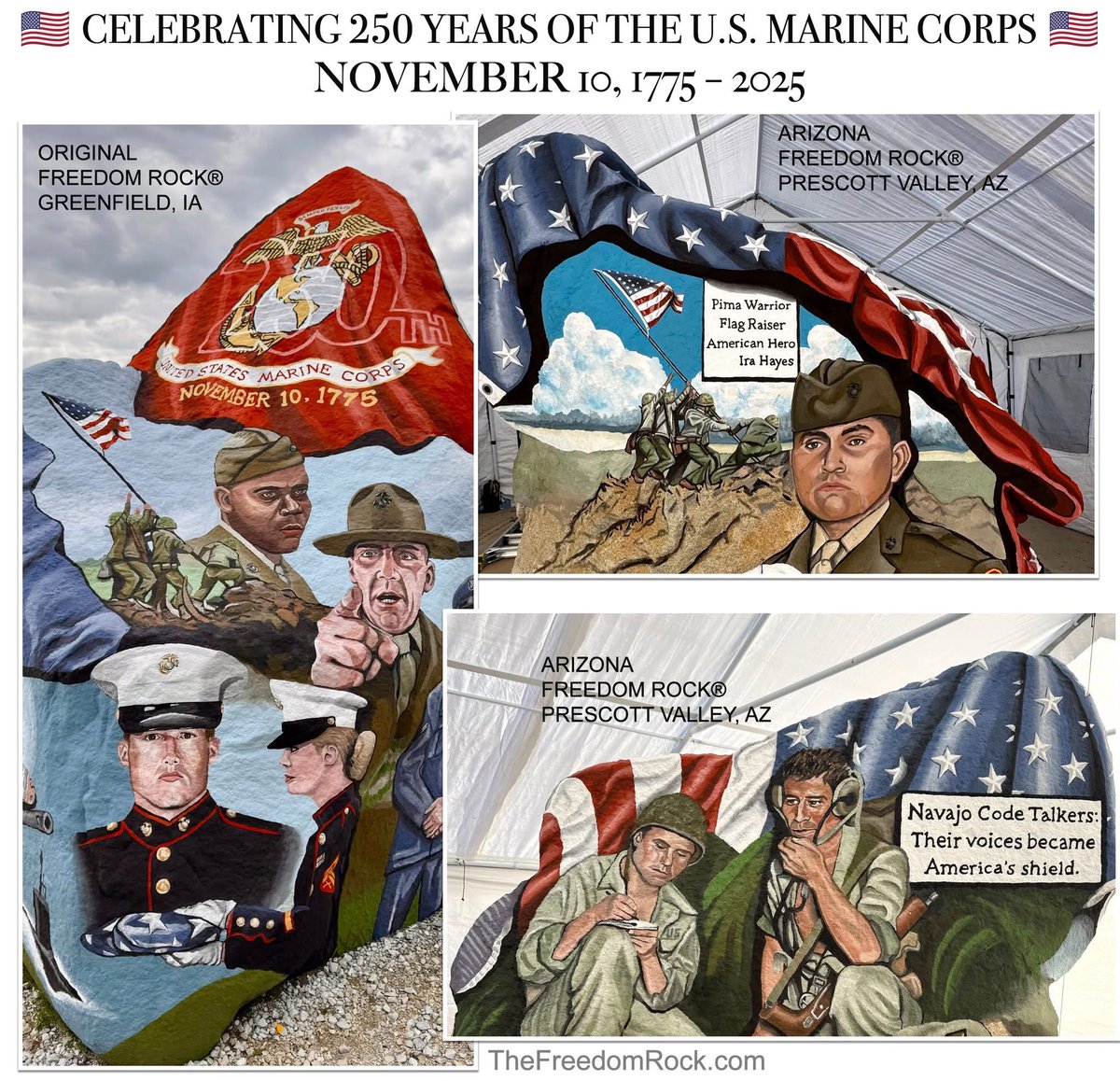 🇺🇸 250 Years of the U.S. Marine Corps 🇺🇸
Nov. 10, 1775 – Nov. 10, 2025

From the original Freedom Rock® in Iowa to the new Arizona Freedom Rock, Marine stories of grit, honor &amp; sacrifice live on in every brushstroke.

They’ve stood ready in every battle, every generation —