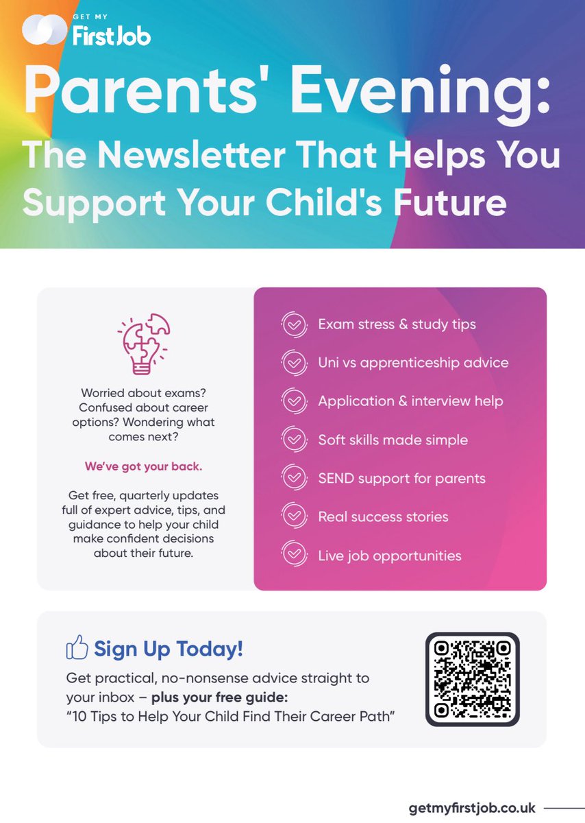 🎓Careers - Parents 🎓

Parents, do you want some help supporting your child with their career options?

Get My First Job has some support on offer. Scan the QR code now for helpful tips, or visit the website getmyfirstjob.co.uk

#ArthurTerrySchool #careers