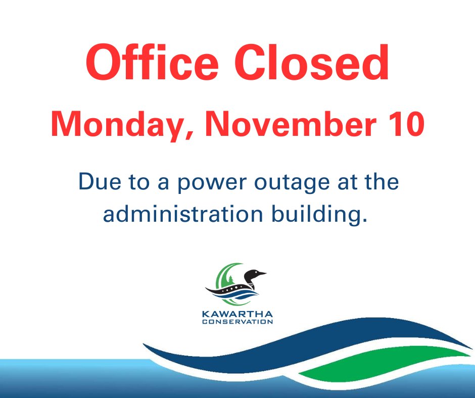 Due to a power outage, Kawartha Conservation's Administrative Office at 277 Kenrei Road is closed today (Monday, November 10). Staff are available by phone or email. The office will re-open on Tuesday, November 11. 

See all phone numbers on the website: kawarthaconservation.com/contacts-direc…