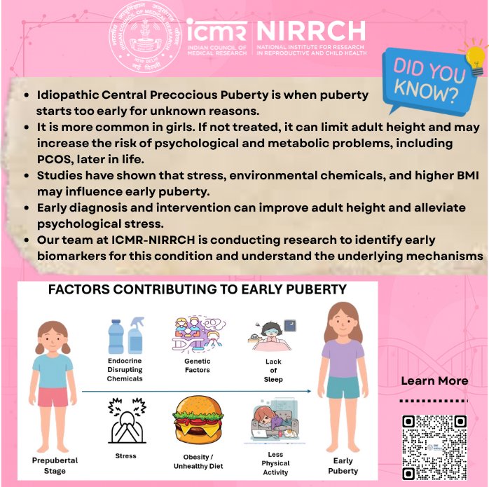 icmrnirwoh's tweet photo. #DidYouKnow
Our team at ICMR-NIRRCH is conducting research to identify early biomarkers for Idiopathic Central Precocious Puberty &amp; understand the underlying mechanisms.
#WeAreICMR
#Puberty #EarlyPuberty #PrecociousPuberty #ICPP #Research #MedicalResearch #ChildHealth #Pediatrics https://t.co/b2LmUvIqMp