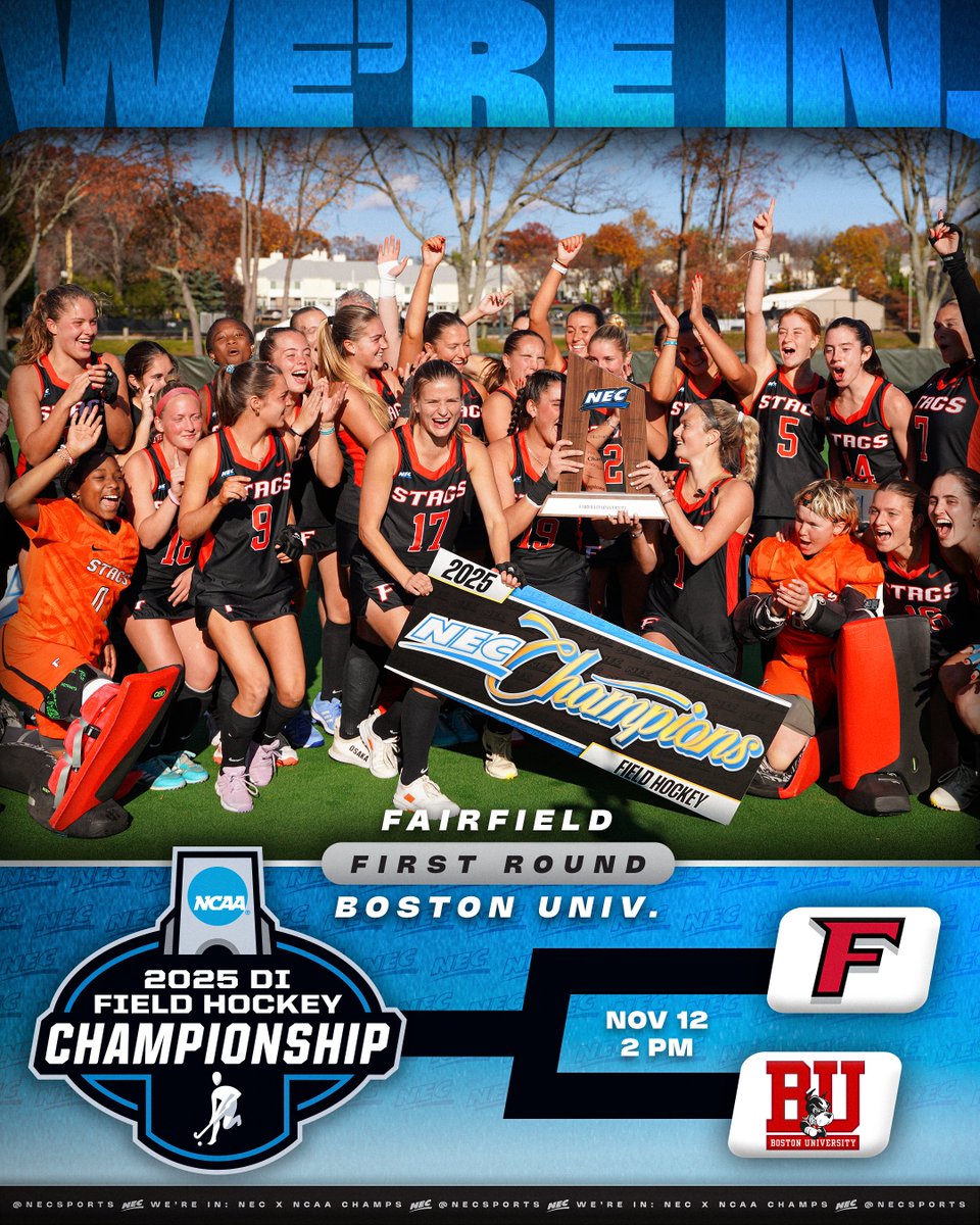 THE STAGS ARE IN!🏑💃

🦌<a href="/Stags_FH/">Stags Field Hockey</a> will take on Boston University in the opening round of the NCAA Tournament on Wednesday at 2pm.

#NECFH x #NECchamps🏆 x <a href="/FairfieldStags/">Fairfield Stags</a>