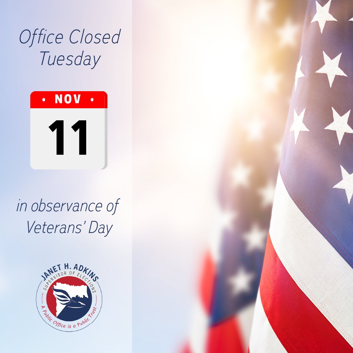Our office will be closed on Tuesday, November 11, 2025, in observance of Veterans Day. We will resume regular business hours on Wednesday, November 12, 2025, from 8 a.m. to 5 p.m.