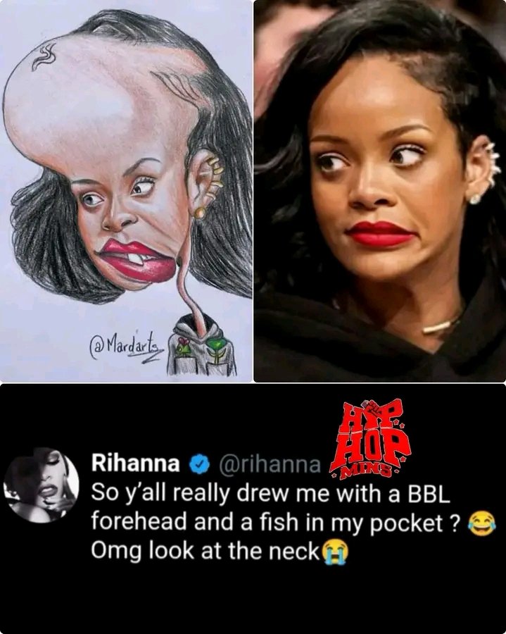 Rihanna reacted to a drawing of her with a “forehead BBL.”

The “BBL forehead” thing is honestly hilarious.🤣🤣🤣