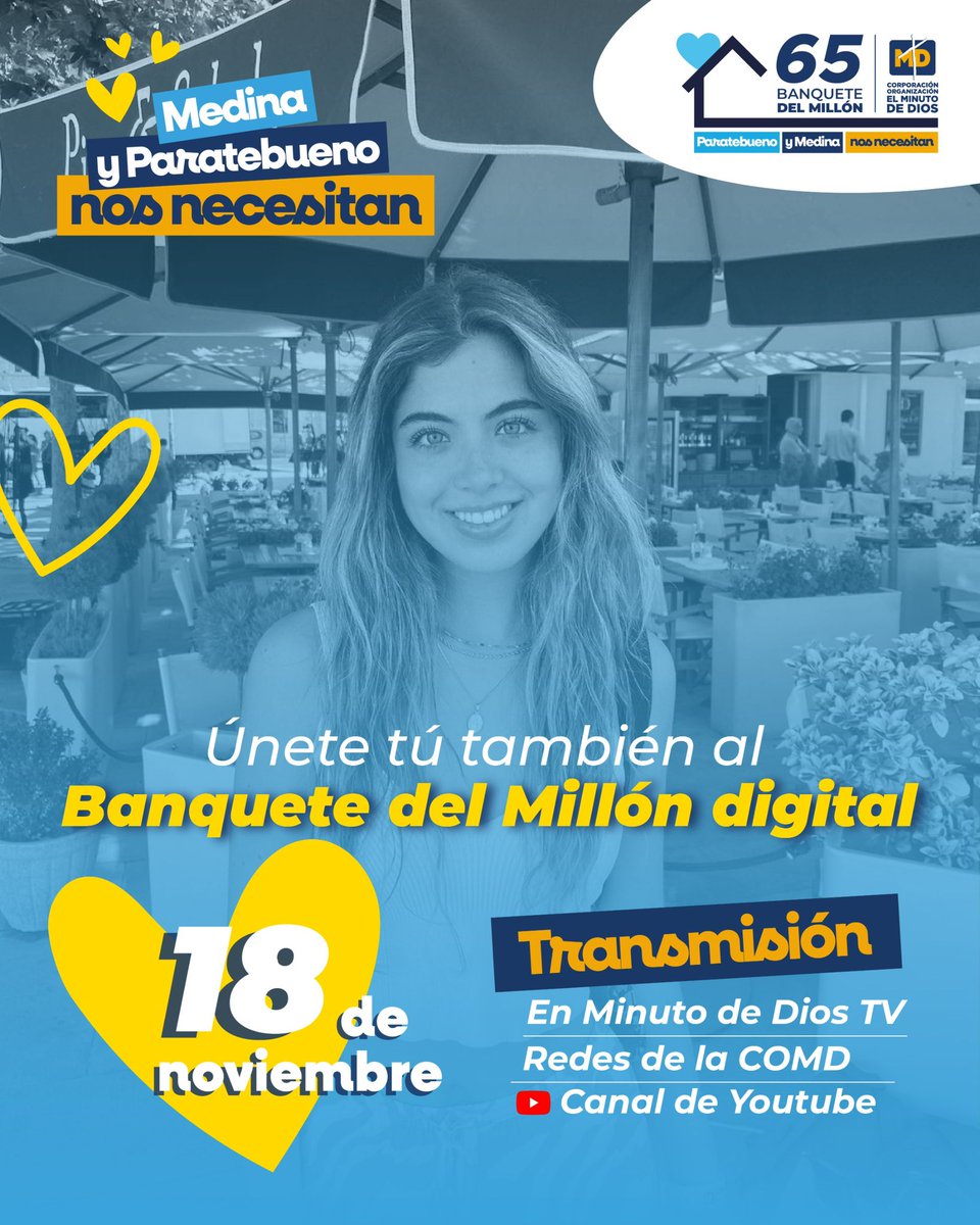 El Banquete del Millón Digital llega este 18 de noviembre. Un evento 100% en streaming para inspirar, conectar y reconstruir 💛

🎸 Don Tetto en vivo
🏠 Meta: 600 viviendas en Paratebueno y Medina
🌍 Transmisión: YouTube Minuto de Dios TV (6:00–8:00 p.m.)

#felizlunes